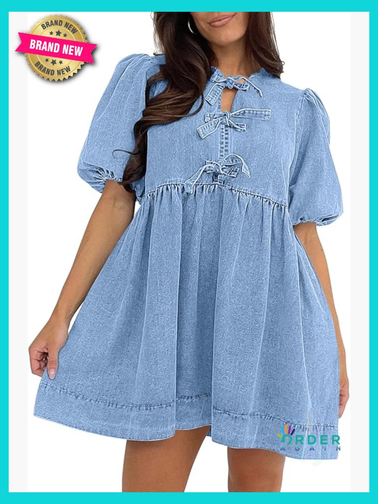 Puff Sleeve Babydoll Jean Romper Denim Dress With Pockets Casual Summer Trendy